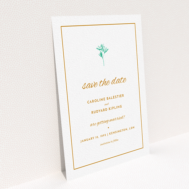 A wedding save the date card design titled "My little daisy". It is an A6 card in a portrait orientation. "My little daisy" is available as a flat card, with tones of white and green.