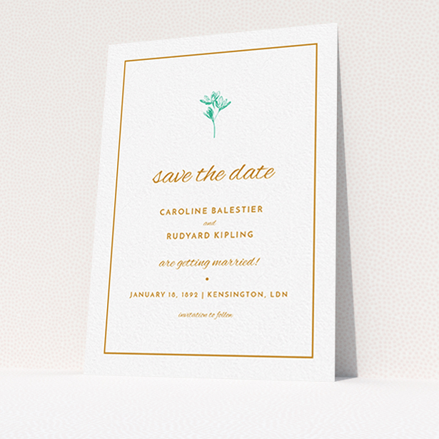 A wedding save the date card design titled "My little daisy". It is an A6 card in a portrait orientation. "My little daisy" is available as a flat card, with tones of white and green.