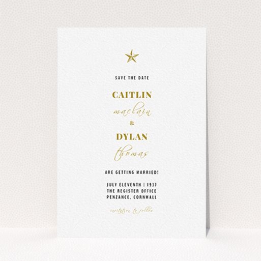 Wedding Save The Date Card - North Star (Gold) A wedding save the date card called "North Star". It is an A6 card in a portrait orientation. "North Star" is available as a flat card, with tones of white and gold.