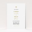 A wedding save the date card called "North Star". It is an A6 card in a portrait orientation. "North Star" is available as a flat card, with tones of white and gold.