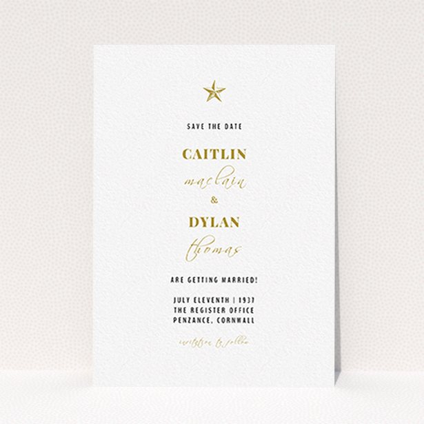 A wedding save the date card called "North Star". It is an A6 card in a portrait orientation. "North Star" is available as a flat card, with tones of white and gold.
