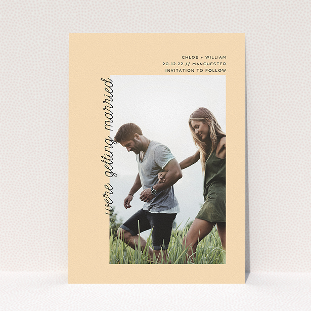 A wedding save the date card design called "Old Orange". It is an A5 card in a portrait orientation. It is a photographic wedding save the date card with room for 1 photo. "Old Orange" is available as a flat card, with mainly faded orange colouring.