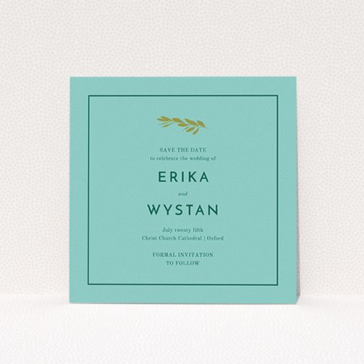 Wedding Save The Date Card - Olive Branch Stamp (Green) A wedding save the date card template titled "Olive branch stamp". It is a square (148mm x 148mm) card in a square orientation. "Olive branch stamp" is available as a flat card, with tones of green and olive green.