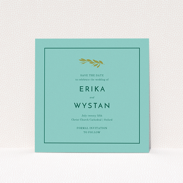 A wedding save the date card template titled "Olive branch stamp". It is a square (148mm x 148mm) card in a square orientation. "Olive branch stamp" is available as a flat card, with tones of green and olive green.