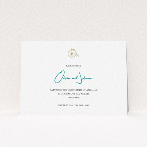 Wedding Save The Date Card Design - "On your bike new" A wedding save the date card named "On your bike new". It is an A6 card in a landscape orientation. "On your bike new" is available as a flat card, with tones of white and blue.