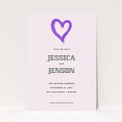 Wedding Save The Date Card Design - "One little heart" A wedding save the date card named "One little heart". It is an A6 card in a portrait orientation. "One little heart" is available as a flat card, with mainly purple/dark pink colouring.