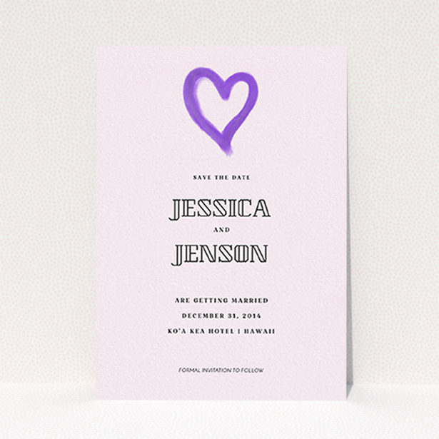 A wedding save the date card named "One little heart". It is an A6 card in a portrait orientation. "One little heart" is available as a flat card, with mainly purple/dark pink colouring.