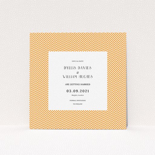Wedding Save The Date Card Design - "Orange Houndstooth" A wedding save the date card design called "Orange Houndstooth". It is a square (148mm x 148mm) card in a square orientation. "Orange Houndstooth" is available as a flat card, with tones of orange and white.