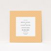 A wedding save the date card design called "Orange Houndstooth". It is a square (148mm x 148mm) card in a square orientation. "Orange Houndstooth" is available as a flat card, with tones of orange and white.