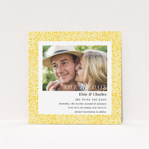 Wedding Save The Date Card - Pastel Flower Border (Yellow) A wedding save the date card design called "Pastel flower border". It is a square (148mm x 148mm) card in a square orientation. It is a photographic wedding save the date card with room for 1 photo. "Pastel flower border" is available as a flat card, with tones of yellow and white.