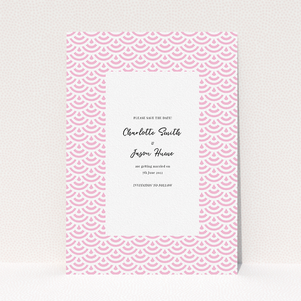 A wedding save the date card template titled "Pink Fans". It is an A5 card in a portrait orientation. "Pink Fans" is available as a flat card, with mainly pink colouring.