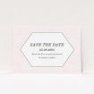 A wedding save the date card template titled "Pink geometric maze". It is an A6 card in a landscape orientation. "Pink geometric maze" is available as a flat card, with tones of pink and white.
