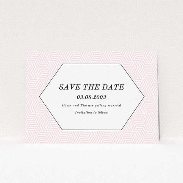 A wedding save the date card template titled "Pink geometric maze". It is an A6 card in a landscape orientation. "Pink geometric maze" is available as a flat card, with tones of pink and white.