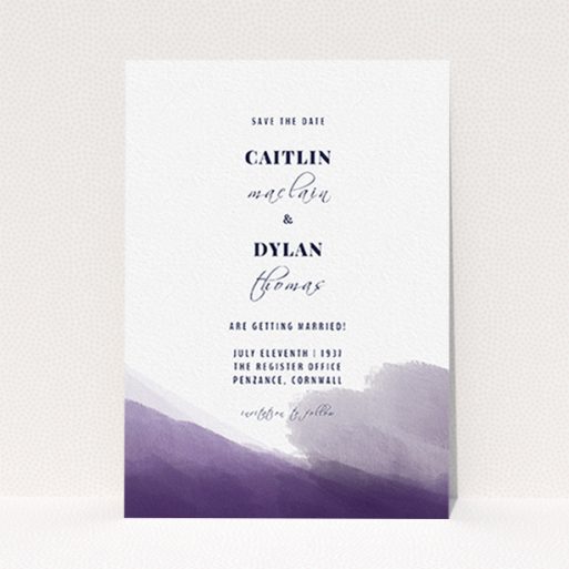 Wedding Save The Date Card Design - "Purple halftone" A wedding save the date card design called "Purple halftone". It is an A6 card in a portrait orientation. "Purple halftone" is available as a flat card, with mainly purple/dark pink colouring.