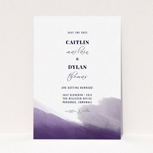 A wedding save the date card design called "Purple halftone". It is an A6 card in a portrait orientation. "Purple halftone" is available as a flat card, with mainly purple/dark pink colouring.