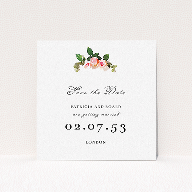 A wedding save the date card template titled "Rose bouquet". It is a square (148mm x 148mm) card in a square orientation. "Rose bouquet" is available as a flat card, with tones of white and green.