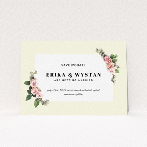 Wedding Save The Date Card Design - "Roses on the corner" A wedding save the date card design titled "Roses on the corner". It is an A6 card in a landscape orientation. "Roses on the corner" is available as a flat card, with tones of cream, pink and green.