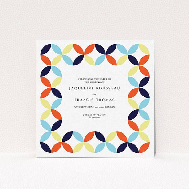 A wedding save the date card design titled "Round and Round". It is a square (148mm x 148mm) card in a square orientation. "Round and Round" is available as a flat card, with mainly light blue colouring.