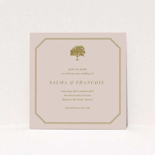 Wedding Save The Date Card Design - "Royal oak" A wedding save the date card design named "Royal oak". It is a square (148mm x 148mm) card in a square orientation. "Royal oak" is available as a flat card, with mainly dark cream colouring.