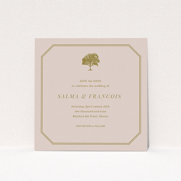 A wedding save the date card design named "Royal oak". It is a square (148mm x 148mm) card in a square orientation. "Royal oak" is available as a flat card, with mainly dark cream colouring.