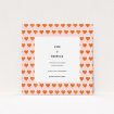 A wedding save the date card called "Rustic Hearts". It is a square (148mm x 148mm) card in a square orientation. "Rustic Hearts" is available as a flat card, with tones of pink and orange.