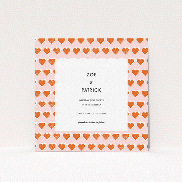 A wedding save the date card called "Rustic Hearts". It is a square (148mm x 148mm) card in a square orientation. "Rustic Hearts" is available as a flat card, with tones of pink and orange.