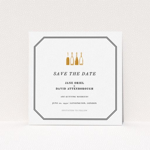 Wedding Save The Date Card - See You At The Reception (Black) A wedding save the date card template titled "See you at the reception". It is a square (148mm x 148mm) card in a square orientation. "See you at the reception" is available as a flat card, with mainly gold colouring.