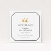 A wedding save the date card template titled "See you at the reception". It is a square (148mm x 148mm) card in a square orientation. "See you at the reception" is available as a flat card, with mainly gold colouring.