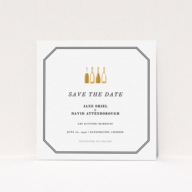 A wedding save the date card template titled "See you at the reception". It is a square (148mm x 148mm) card in a square orientation. "See you at the reception" is available as a flat card, with mainly gold colouring.