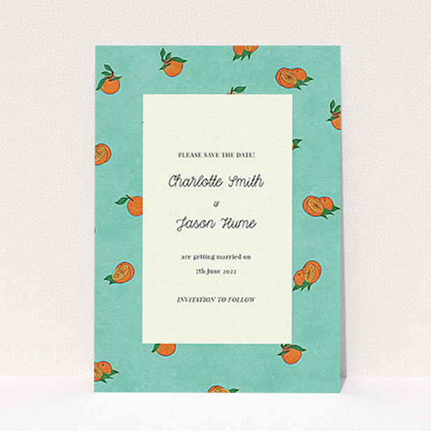 A wedding save the date card design called "Seville". It is an A6 card in a portrait orientation. "Seville" is available as a flat card, with tones of green and orange.