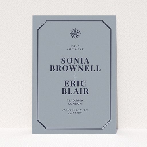 Wedding Save The Date Card Design - "Shaded sundial" A wedding save the date card template titled "Shaded sundial". It is an A6 card in a portrait orientation. "Shaded sundial" is available as a flat card, with tones of dark grey and navy blue.