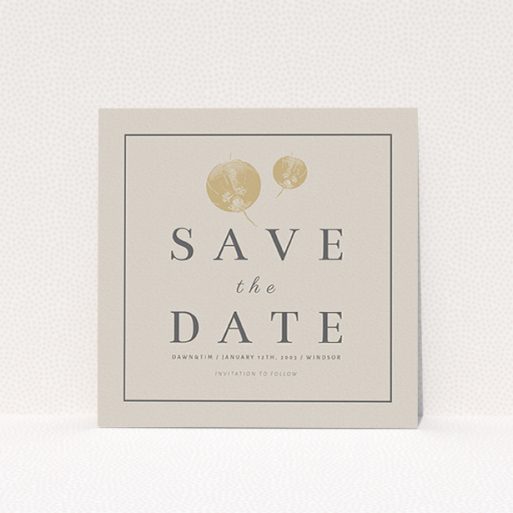 Wedding Save The Date Card Design - "Shanghai Nights" A wedding save the date card design named "Shanghai Nights". It is a square (148mm x 148mm) card in a square orientation. "Shanghai Nights" is available as a flat card, with tones of cream and navy blue.