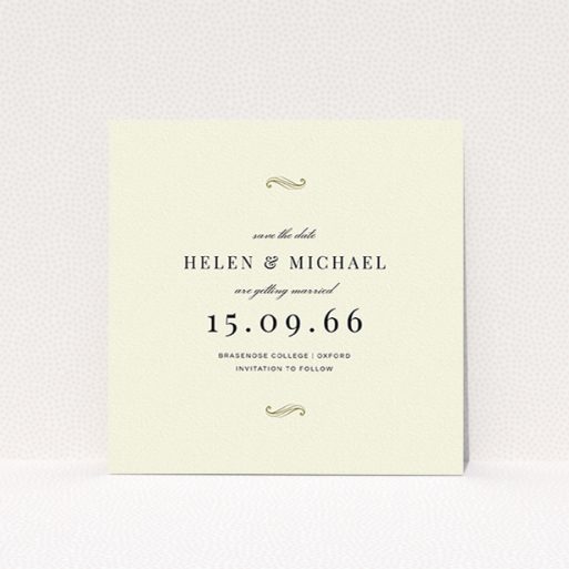 Wedding Save The Date Card Design - "Simple flourish" A wedding save the date card template titled "Simple flourish". It is a square (148mm x 148mm) card in a square orientation. "Simple flourish" is available as a flat card, with tones of cream and gold.