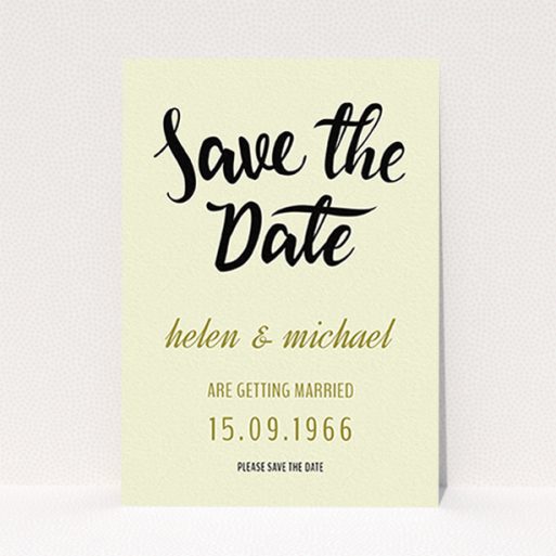 Wedding Save The Date Card Design - "Simply Black Typography Pen" A wedding save the date card called "Simply Black Typography Pen". It is an A6 card in a portrait orientation. "Simply Black Typography Pen" is available as a flat card, with tones of cream, gold and black.