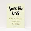 A wedding save the date card called "Simply Black Typography Pen". It is an A6 card in a portrait orientation. "Simply Black Typography Pen" is available as a flat card, with tones of cream, gold and black.