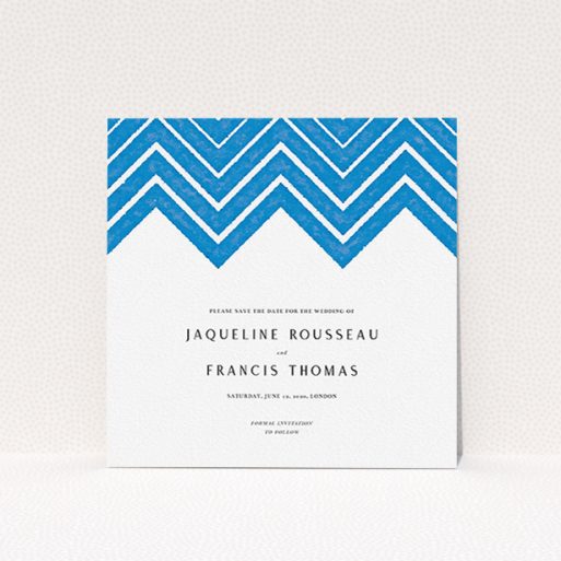 Wedding Save The Date Card Design - "Skiapthos" A wedding save the date card design titled "Skiapthos". It is a square (148mm x 148mm) card in a square orientation. "Skiapthos" is available as a flat card, with tones of blue and white.