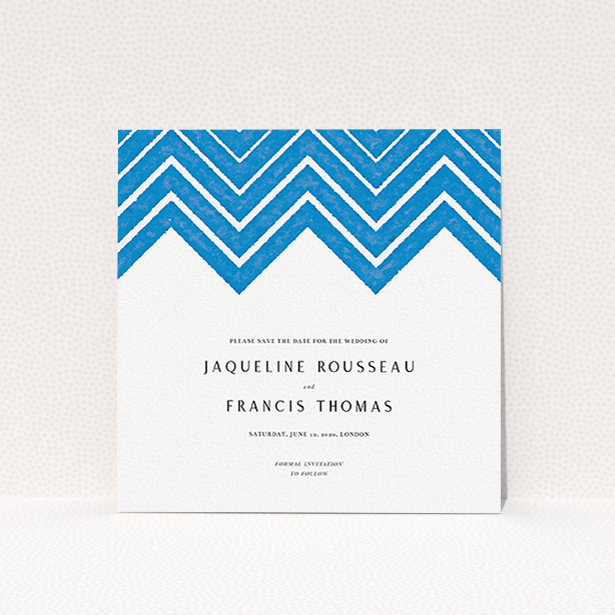 A wedding save the date card design titled "Skiapthos". It is a square (148mm x 148mm) card in a square orientation. "Skiapthos" is available as a flat card, with tones of blue and white.