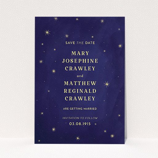 Wedding Save The Date Card Design - "Sky at night" A wedding save the date card template titled "Sky at night". It is an A6 card in a portrait orientation. "Sky at night" is available as a flat card, with tones of midnight blue and yellow.