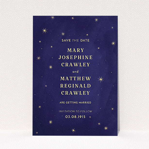 A wedding save the date card template titled "Sky at night". It is an A6 card in a portrait orientation. "Sky at night" is available as a flat card, with tones of midnight blue and yellow.