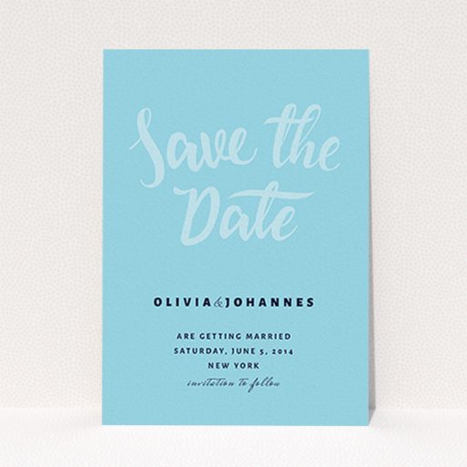 Wedding Save The Date Card Design - "Sky on Blue Typography" A wedding save the date card template titled "Sky on Blue Typography". It is an A6 card in a portrait orientation. "Sky on Blue Typography" is available as a flat card, with mainly blue colouring.