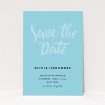 A wedding save the date card template titled "Sky on Blue Typography". It is an A6 card in a portrait orientation. "Sky on Blue Typography" is available as a flat card, with mainly blue colouring.