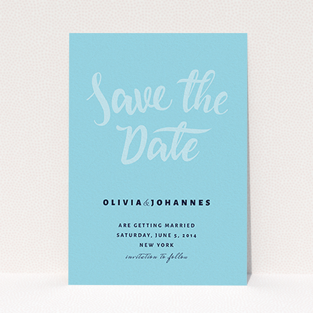 A wedding save the date card template titled "Sky on Blue Typography". It is an A6 card in a portrait orientation. "Sky on Blue Typography" is available as a flat card, with mainly blue colouring.