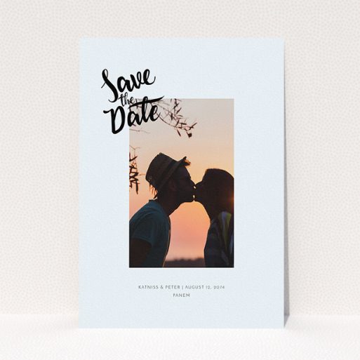 Wedding Save The Date Card Design - "Stamp Typography" A wedding save the date card design titled "Stamp Typography". It is an A5 card in a portrait orientation. It is a photographic wedding save the date card with room for 1 photo. "Stamp Typography" is available as a flat card, with mainly light blue colouring.