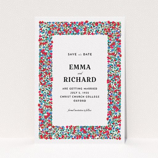 Wedding Save The Date Card Design - "Summer from a distance" A wedding save the date card called "Summer from a distance". It is an A6 card in a portrait orientation. "Summer from a distance" is available as a flat card, with tones of white and red.