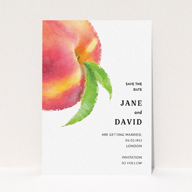A wedding save the date card design titled "Summer peach". It is an A6 card in a portrait orientation. "Summer peach" is available as a flat card, with tones of white and red.