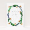 A wedding save the date card design named "Summer Whirl Wreath". It is an A6 card in a portrait orientation. "Summer Whirl Wreath" is available as a flat card, with tones of green, dark blue and orange.