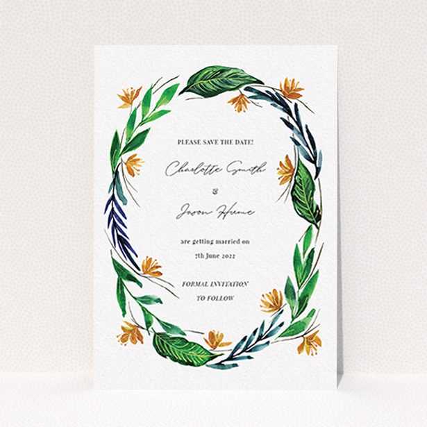 A wedding save the date card design named "Summer Whirl Wreath". It is an A6 card in a portrait orientation. "Summer Whirl Wreath" is available as a flat card, with tones of green, dark blue and orange.