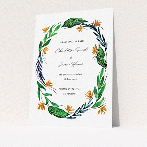 A wedding save the date card design named "Summer Whirl Wreath". It is an A6 card in a portrait orientation. "Summer Whirl Wreath" is available as a flat card, with tones of green, dark blue and orange.
