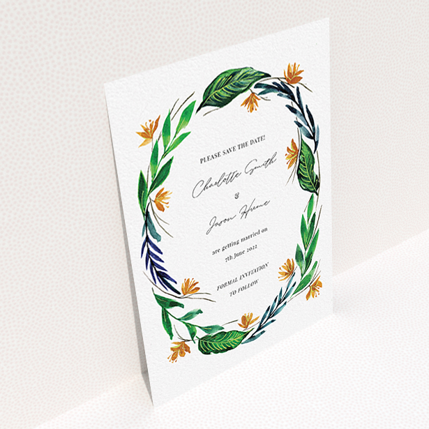 A wedding save the date card design named "Summer Whirl Wreath". It is an A6 card in a portrait orientation. "Summer Whirl Wreath" is available as a flat card, with tones of green, dark blue and orange.
