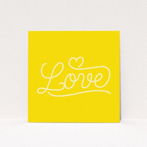Wedding Save The Date Card Design - "Sunshine Yellow Typography" A wedding save the date card template titled "Sunshine Yellow Typography". It is a square (148mm x 148mm) card in a square orientation. "Sunshine Yellow Typography" is available as a flat card, with tones of yellow and white.